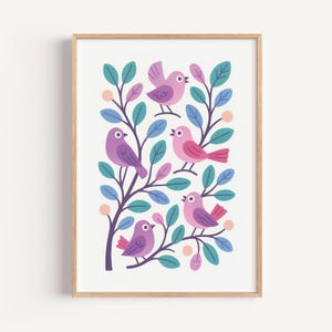 Colorful Birds Nursery Art Print – Unframed Matte Poster for Kids Room – Pink and Purple Woodland Bird Wall Decor