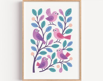 Lámina infantil de pájaros coloridos: póster mate sin marco para habitación infantil, decoración de pared con pájaros del bosque en rosa y morado.