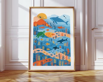 Kleurrijke oceaandieren kunstprint – Onder de zee-poster voor kinderkamer – Premium mat papier – Niet ingelijste Sea Life kinderkamerdecoratie
