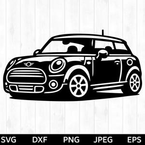 Może przedstawiać: Czarno-biała sylwetka samochodu Mini Cooper. Samochód jest zwrócony przodem do widza i ma prosty, kreskówkowy design.