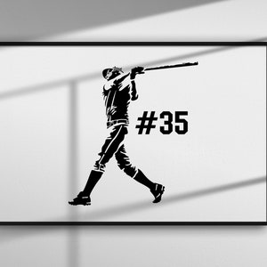 May include: Black and white silhouette of a baseball player in a batting stance with a bat raised above their head. The number 35 is printed on the right side of the image.
