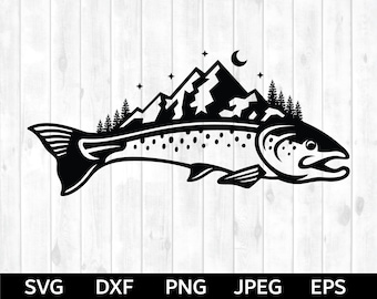 Fish and Trees SVG, Trout SVG, Fishing SVG, Trout Fishing, Fish and Mountains