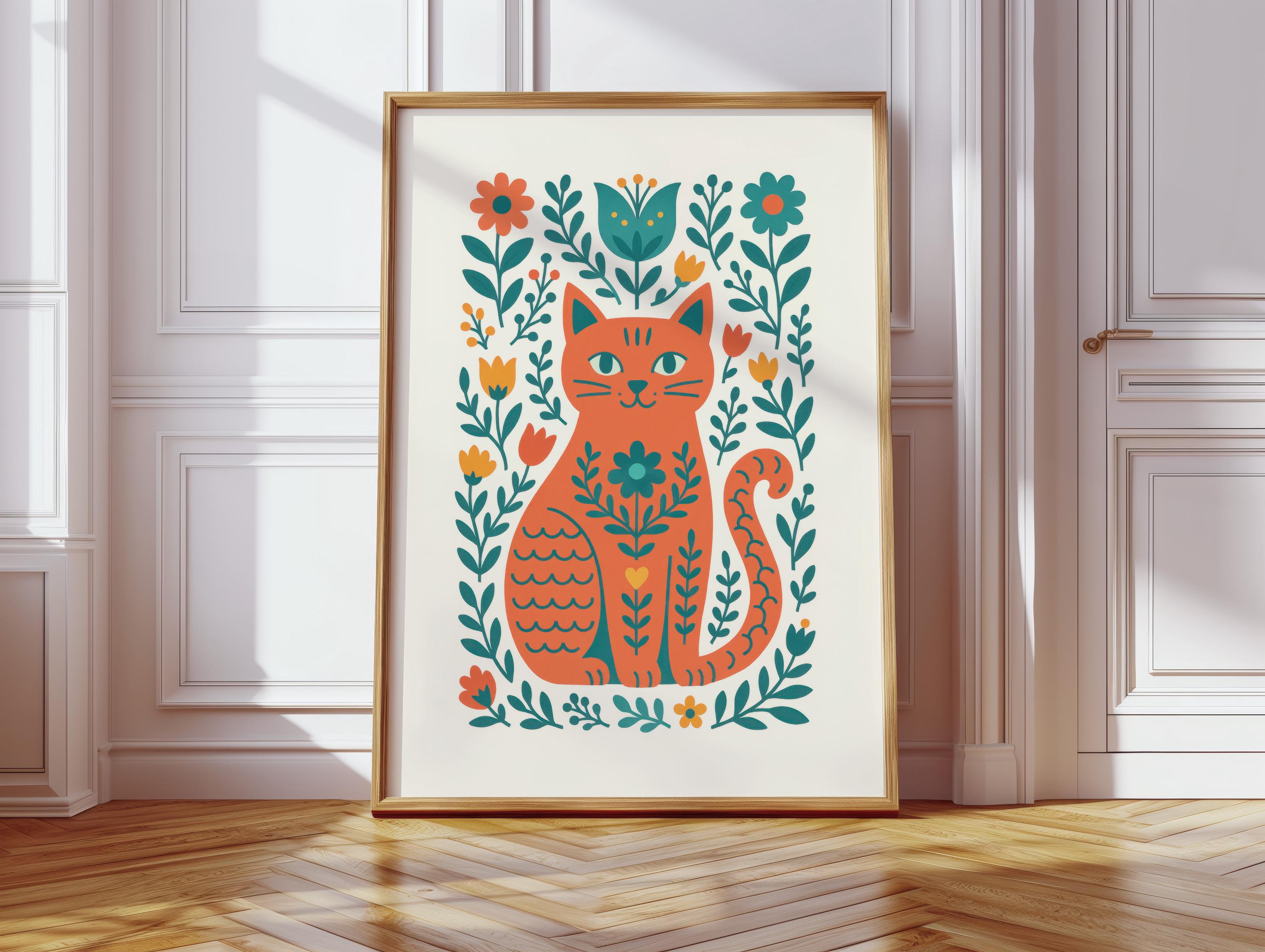 Cat Wall Art Print – Whimsical Floral Cat Poster on Matte Paper – Cat ...