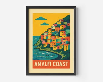 Reproduction artistique de la côte amalfitaine - Poster de voyage Italie rétro sur papier mat - Décoration murale méditerranéenne colorée sans cadre