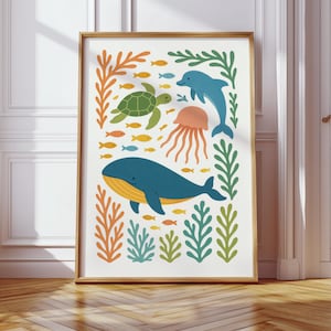 Stampa artistica per bambini Ocean Wildlife – Poster con animali sottomarini su carta opaca – Decorazione per cameretta senza cornice con tartarughe marine, balene e delfini