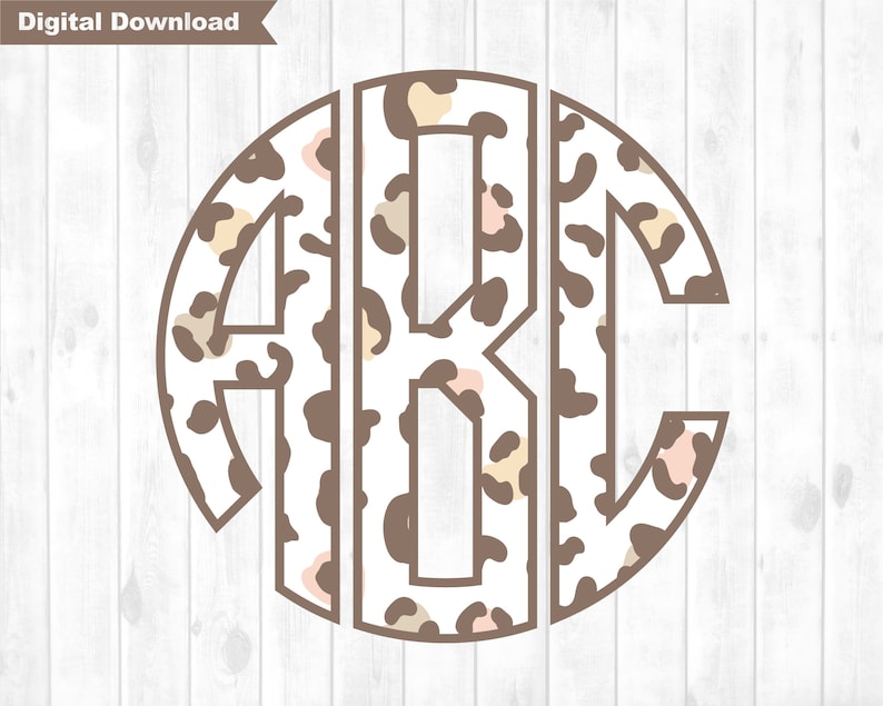 May include: A digital download of a monogram design with the letters "ABC" within a circular frame. The letters have a leopard print pattern in brown, tan, and peach. The words "Digital Download" are in the top left corner.