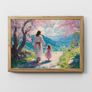 Jesus walking with girl, Walking with God, Jesus digital print, nursery wall art,  Jesus painting, Christian printable wall art,