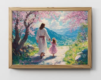 Gesù che cammina con una ragazza, Camminare con Dio, Stampa digitale di Gesù, Arte murale per bambini, Dipinto di Gesù, Arte murale cristiana stampabile,