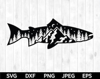 Fish and Trees SVG, Trout SVG, Fishing SVG, Trout Fishing, Fish and Mountains
