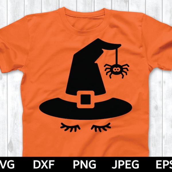 May include: Orange t-shirt with a black witch hat and a spider with a black body and white eyes. The hat has a black buckle and eyelashes.