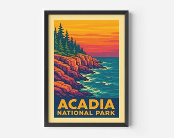 Puede incluir: Impresión artística enmarcada que representa el Parque Nacional Acadia. La imagen muestra una costa rocosa con árboles de hoja perenne, acantilados de color naranja y rojo vibrantes y un océano azul bajo un cielo de atardecer. El texto dice "ACADIA NATIONAL PARK."