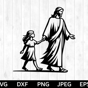 Jesus svg, Jesus geht mit Mädchen SVG, Jesus Silhouette & Cricut Cut File, Jesus Clip Art
