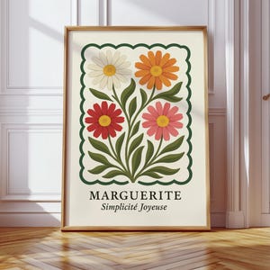 Stampa artistica botanica Daisy – Poster floreale vintage francese su carta opaca – Decorazione da parete “Marguerite Simplicité Joyeuse” senza cornice