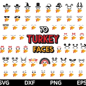 以下が含まれることがあります： 白黒の七面鳥の顔のイラストが70個。顔は表情、帽子、アクセサリーがそれぞれ違います。テキスト「70 TURKEY FACES」は赤と黒です。