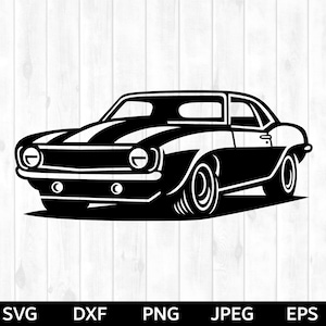 May include: Black and white silhouette of a classic American muscle car. The car has a long hood, a rounded front end, and a wide stance.