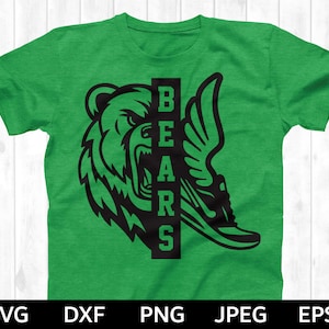 May include: Green t-shirt featuring a black bear head and a running shoe graphic. The text "BEARS" is vertically stacked in black.