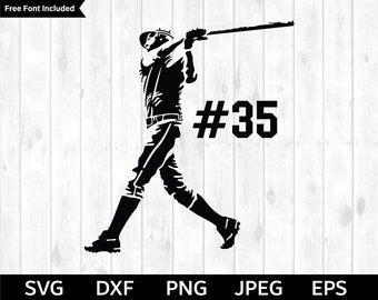 May include: Black and white silhouette of a baseball player swinging a bat with the number 35 on the jersey.