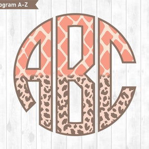 May include: A monogram design featuring the letters A, B, and C in a circle. The letters are cut out of a peach and brown patterned background. The pattern is a combination of a peach diamond pattern and a brown leopard print.