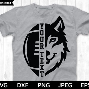 May include: A gray t-shirt with a black design of a wolf's head and a football. The text "YOUR TEXT" is written vertically on the football.