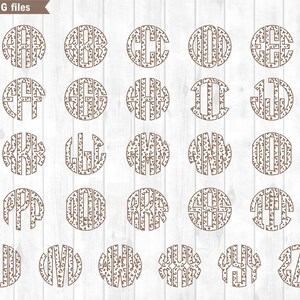May include: Twenty circular monogram designs, each with a different letter in a brown leopard print pattern. The letters are within a brown border, set against a white wood-grain background. The top left corner reads "78 PNG files".