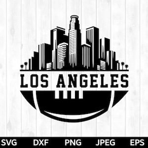 May include: Black and white silhouette of the Los Angeles skyline with a football in the foreground. The text "LOS ANGELES" is written in bold letters above the football.