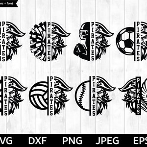 May include: Eight black and white SVG designs featuring a pirate mascot with the word "PIRATES" on the side. The designs include a basketball, baseball, soccer ball, volleyball, football, a cheerleader's pom-pom, and a running shoe.
