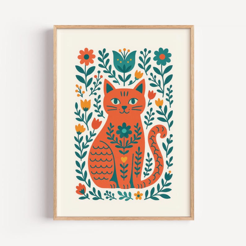 Cat Wall Art Print – Whimsical Floral Cat Poster on Matte Paper – Cat ...