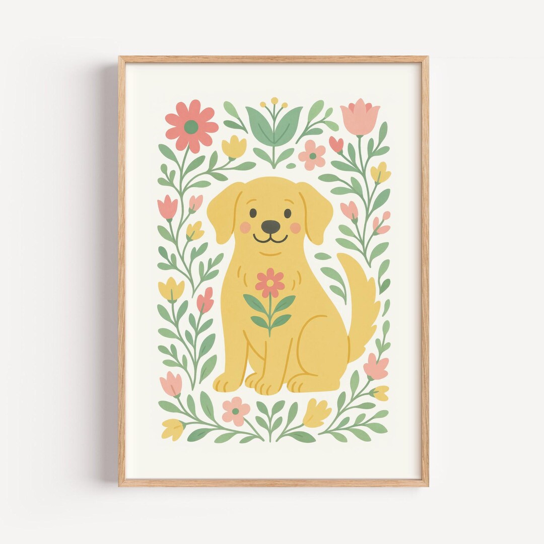 Cute Dog Nursery Art Print – Floral Puppy Wall Decor on Matte Paper ...