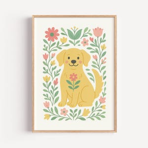 Süßer Hunde Kunstdruck fürs Kinderzimmer – Blumiger Welpe Wanddekor auf mattem Papier – Ungerahmtes Kinderzimmer Bild