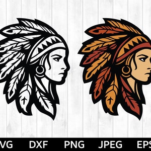 Mulher nativa americana SVG, mulher indiana SVG, cocar de nativo americano SVG