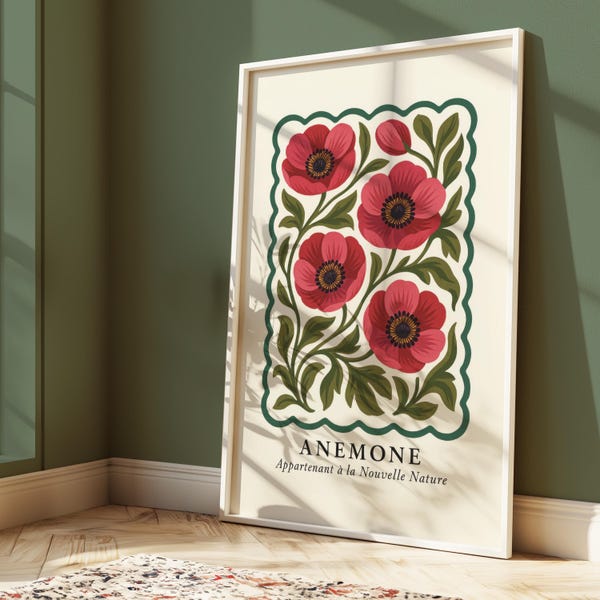 Vintage Anemone Botanical Art Print – Retro Floral Wall Decor – Red Wildflower Illustration – French Garden Aesthetic Poster