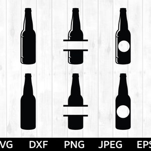 May include: Six black silhouette images of beer bottles with different designs. The bottles have a rounded top and a label area. Some bottles have a blank label area, while others have a circle in the label area.