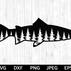 May include: Black silhouette of a fish with a forest scene inside. The fish is facing right and has a fin on its back. The forest scene is made up of pine trees.