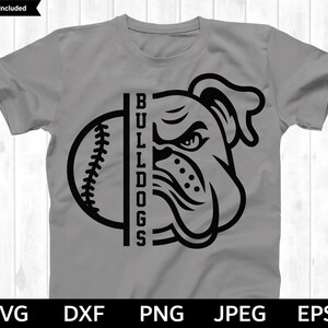 May include: A grey t-shirt featuring a black and white graphic of a bulldog's head and a baseball. The text "BULLDOGS" is printed vertically on the side of the graphic.