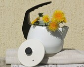 Enamel teapot kettle, tea or coffee pot, white metal and black plastic handle, vintage enamel Soviet Russian large tea kettle, enamelware