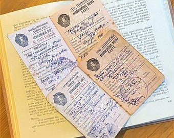 propaganda posters 60s Soviet Trade Union membership card, 60s 80s USSR communist propaganda, Soviet certificate Профсоюзный билет, identity document