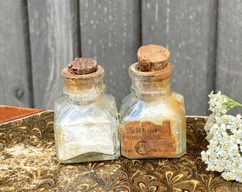 Pelikan Gunther Wagner bottles. Old glass potion bottles set, jars with corks set, 2 antique bottles, vintage made 1920's or earlier.