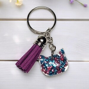 Resin Cat Keychain, Teal Pink Metal Flakes, Purple Tassel, Purse Charm