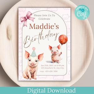 Pig Party Invitation, Pig Birthday Instant Download, Editable Farm Party Invite, Pink Pig Party Digital Download, Pink Pig One Birthday