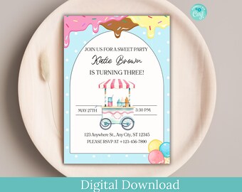 Invitación editable para fiesta de cumpleaños de helado (descarga digital)