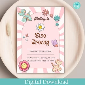 Invito di compleanno Groovy modificabile DOWNLOAD, invito per festa Groovy, decorazioni per feste di compleanno retrò, festa dei decenni stampabile all'istante