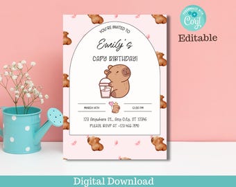 Invito di compleanno modificabile a forma di capibara kawaii (download digitale)
