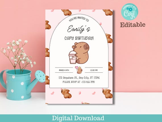 Editable Kawaii Capybara Birthday Invitation (Digital Download)