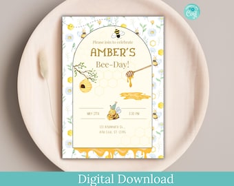 Bee Birthday Invitation, Watercolor Bumble Bee Party (Digital Download)