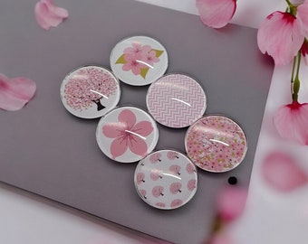 Cherry Blossom Glass Magnets, Spring Fridge Decor, Set of 6