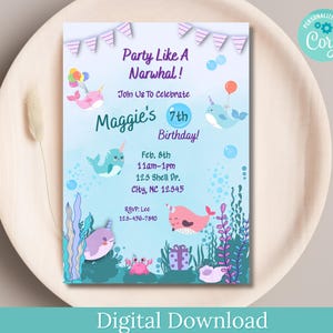 Editable Narwhal Birthday Invitation DOWNLOAD, Narwhal Birthday Party Invitation, Under the Sea Party, Narwhal Invite, Ocean Theme Invite