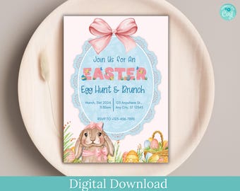 Invitación editable para la búsqueda de huevos de Pascua y brunch con conejos (descarga digital)