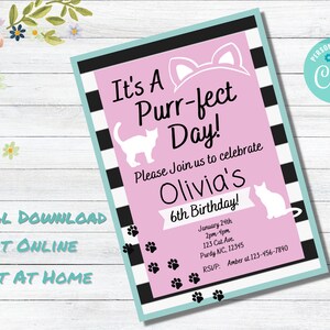 猫の誕生日招待状のダウンロード、猫のパーティー招待状、子猫のパーティー招待状、子供の猫の誕生日、猫の誕生日の即時ダウンロード