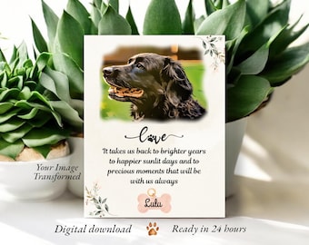 May include: A printable digital download memorial card featuring a black dog image, the text "love", and the quote "It takes us back to brighter years to happier sunlit days and to precious moments that will be with us always". The card also includes a paw print and the name "Lulu".