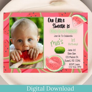 Watermelon Invitation DOWNLOAD, Watermelon Birthday Invitation, Watermelon Birthday Invite, Watermelon Invitation Digital, One in a Melon